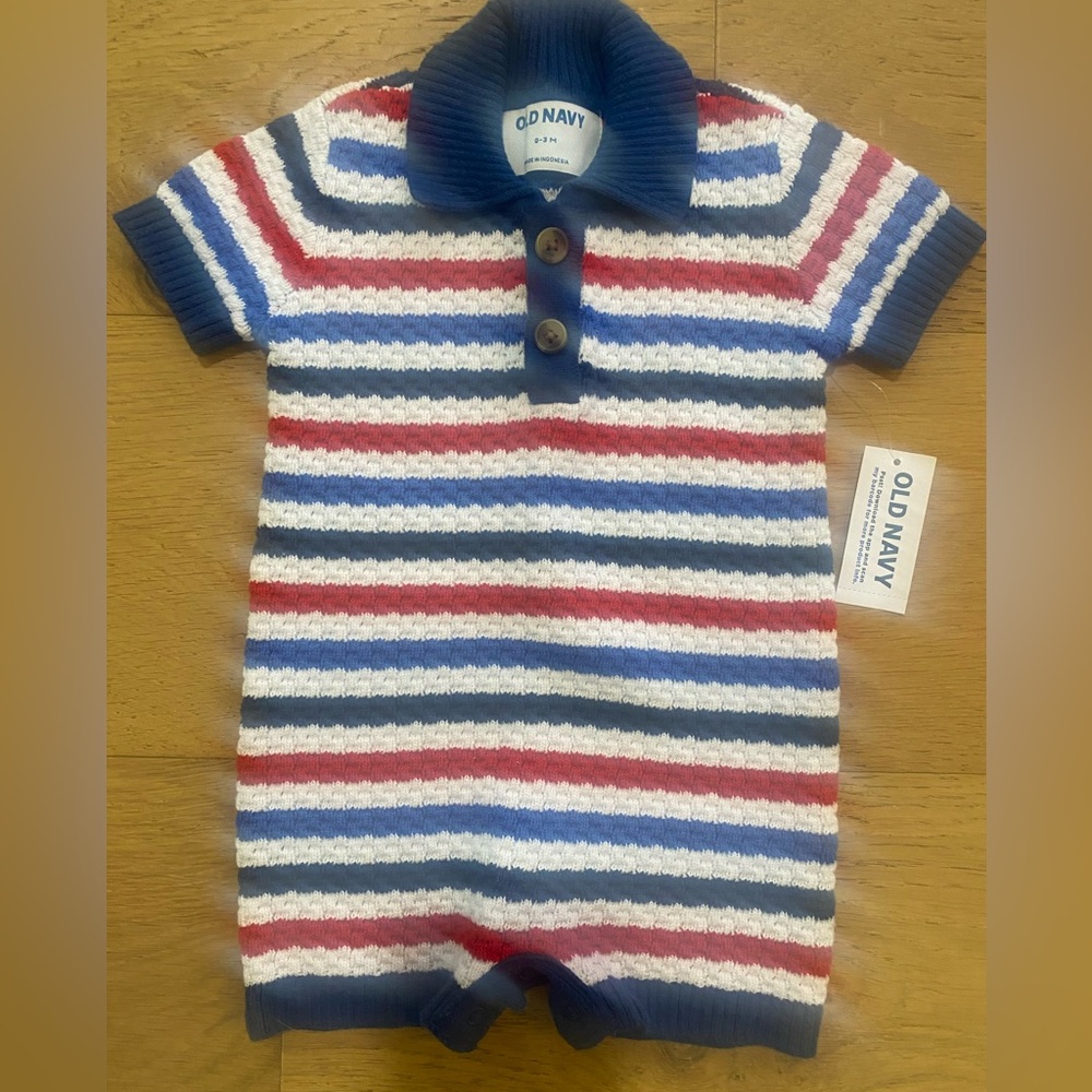 Old Navy Blue and Red Striped knit collared Baby boys Romper 0-3m NWT